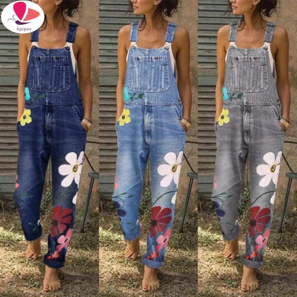 

S-5XL Overalls for Women Fashion Floral Print Pockets Washable Denim Overall Jumpsuit Suspender Trousers Pants Casual Overall