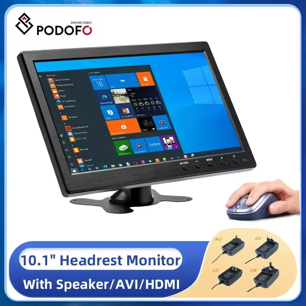 Podofo 10.1" Car Headrest Monitor HD Digital LCD Screen DVD Player Slim Design UV Coating HDMI-compatible VGA AV USB SD Port
