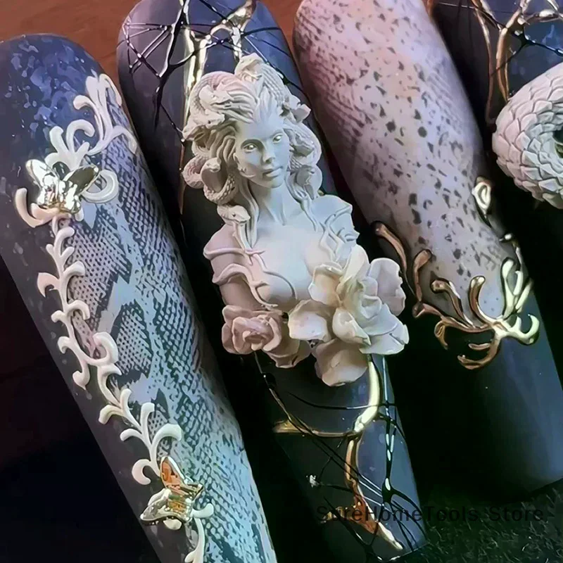 1pc 3D Snake Girl Silicone Nail Mold DIY Snake Nail Carving Decoration 3D Nail Art Beauty Charm Creative Manicure Products