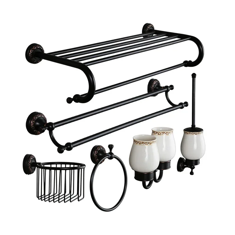 All copper black towel rack set bathroom rack European retro bath towel antique bathroom hardware pendant