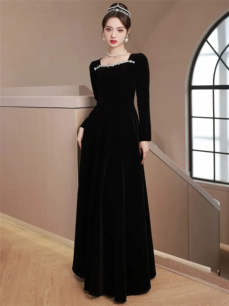 black-dress-women-autumn-winter-solid-color-diamond-decorated-velvet-square-collar-long-sleeve-a-line-skirt-female-clothing-m101