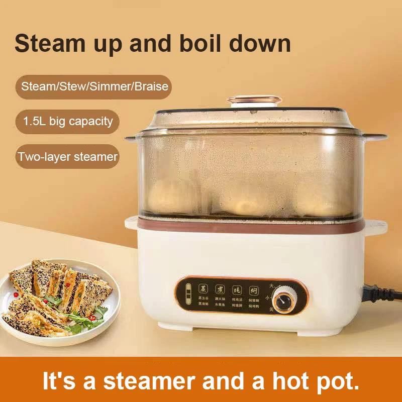 Multifunctional Electric Food Steamer Noodles Pasta Skillet Rice Cooker Egg Frying Pan Porridge Soup Stew Hot Pot Meals Heater 4