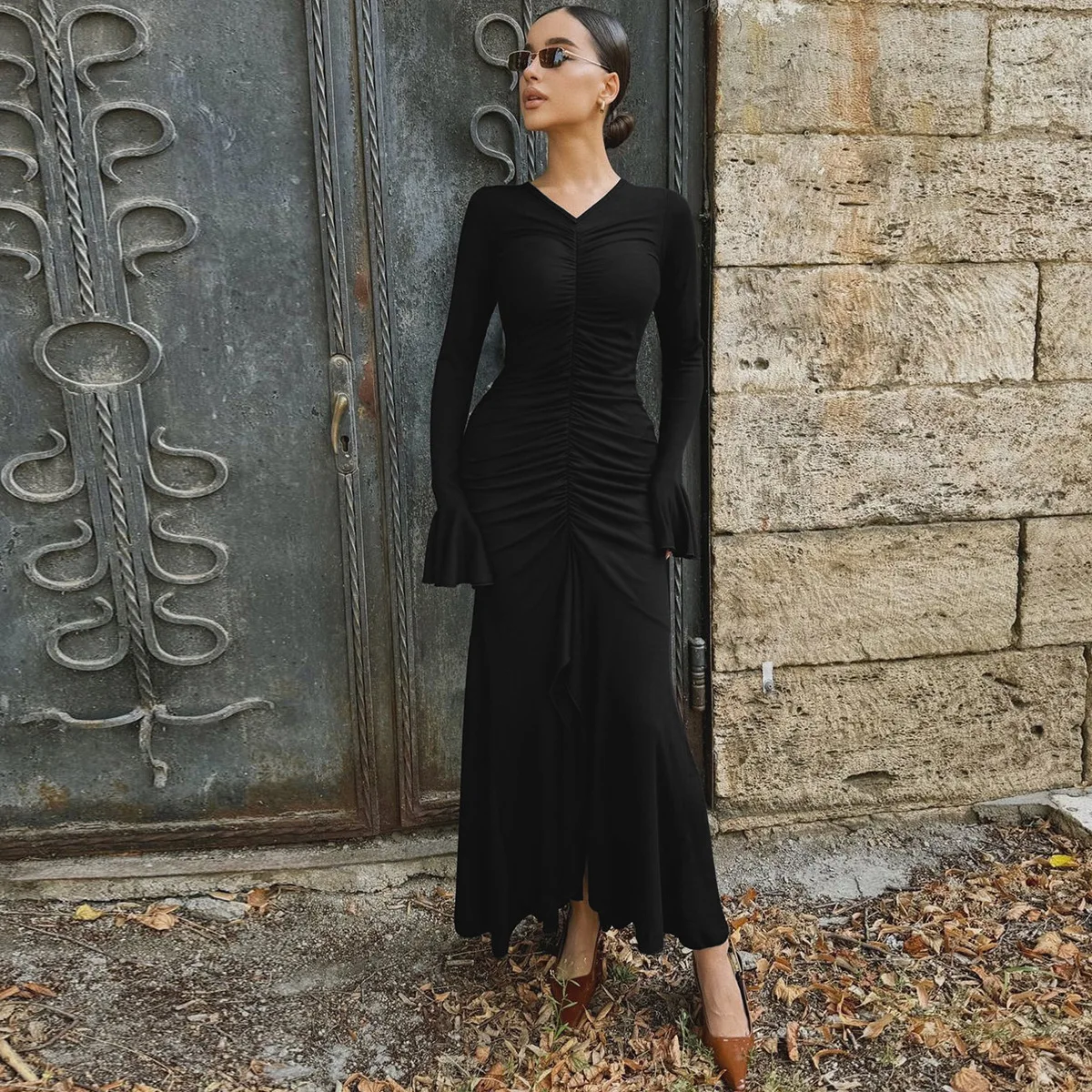 V-Neck Pleated Slim Long Dress Female Fashion Ruffled Patchwork Solid Elegant Party Dress New Women Maxi Dress Streetwear