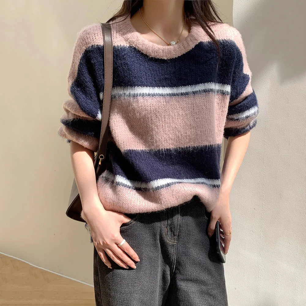 

Autumn Winter New Sweater Ladies Fashion Mohair Coarse Stripe Loose Knit Pullovers Female Soft Sweaters Korean Elegant Knitwears