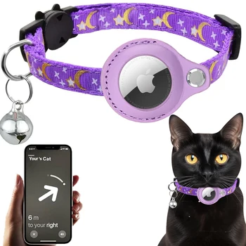 Airtag Case Cat Collar Breakaway,Moon & Stars Kitten Collar with Apple Air Tag Protective Holder for Girl Boy Cats Accessories