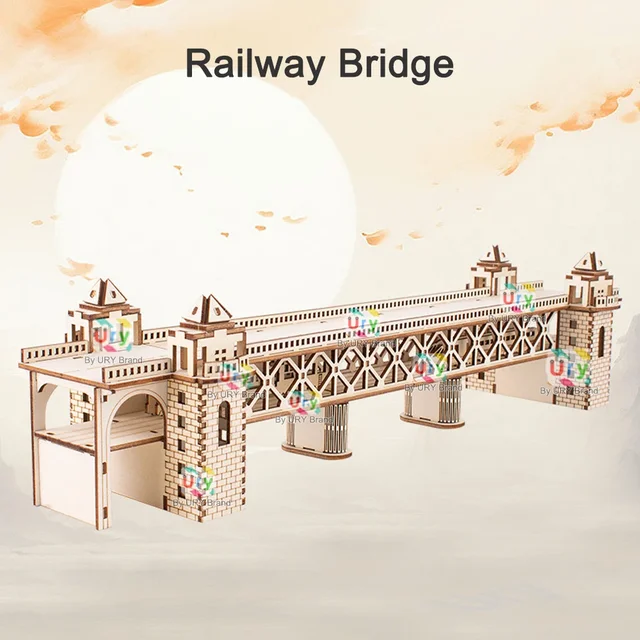 Ury 3D Wooden Puzzle Retro Steam Train with Track Railway Bridge Handmade Assembly Truck Model DIY Toys Decoration Gift for Kids 4