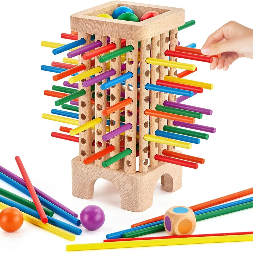 Wooden Board Game Montessori Toys, 42 Colourful Sticks Dice Game Math Educational Toy, Family Fun Ball Dropping GameA87I