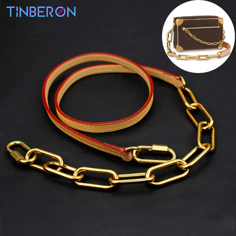 TINBERON Bag Chain Strap Vintage Gold Chain Straps For Bag Accessories Genuine Leather Vegetable Tanned Crossbody Shoulder Strap