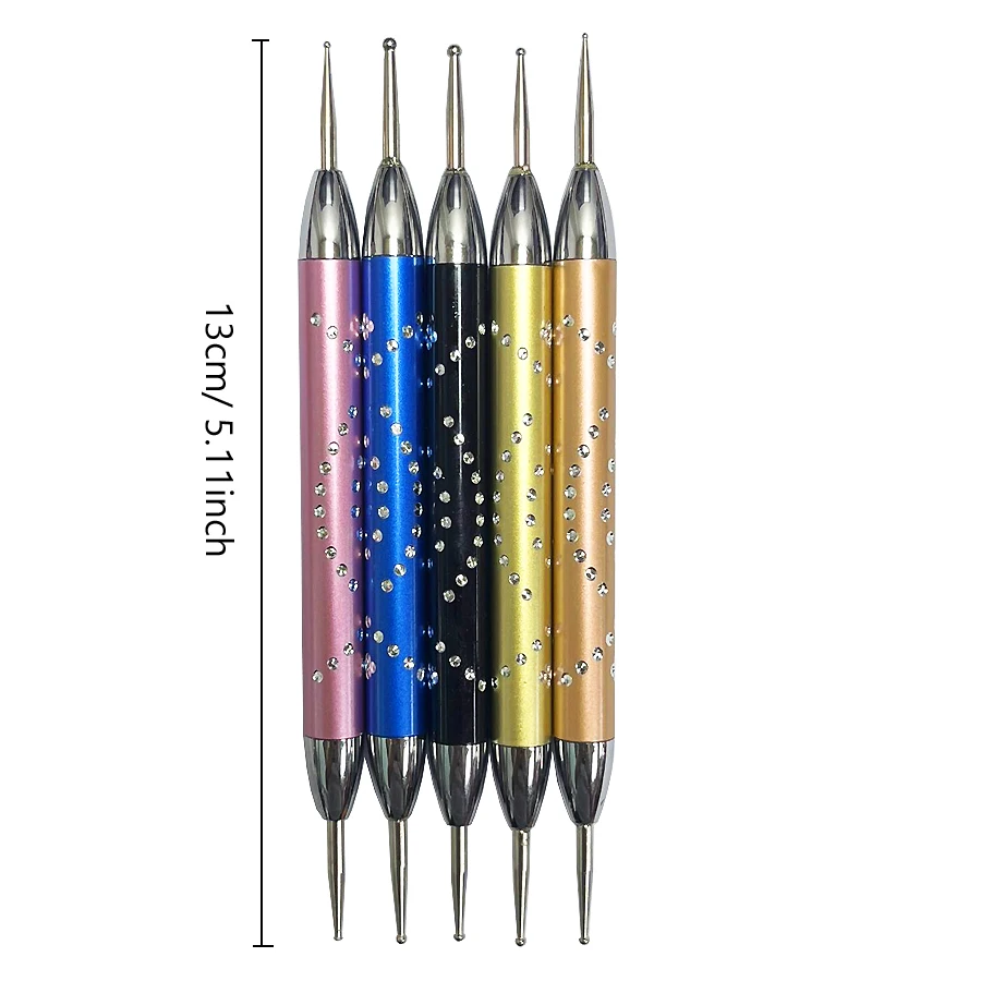 Nail Art Rhinestone Dotting Pen Dual-ended Metal Gems Picker Marbleizing Nail Tips Design Tool 5Pcs