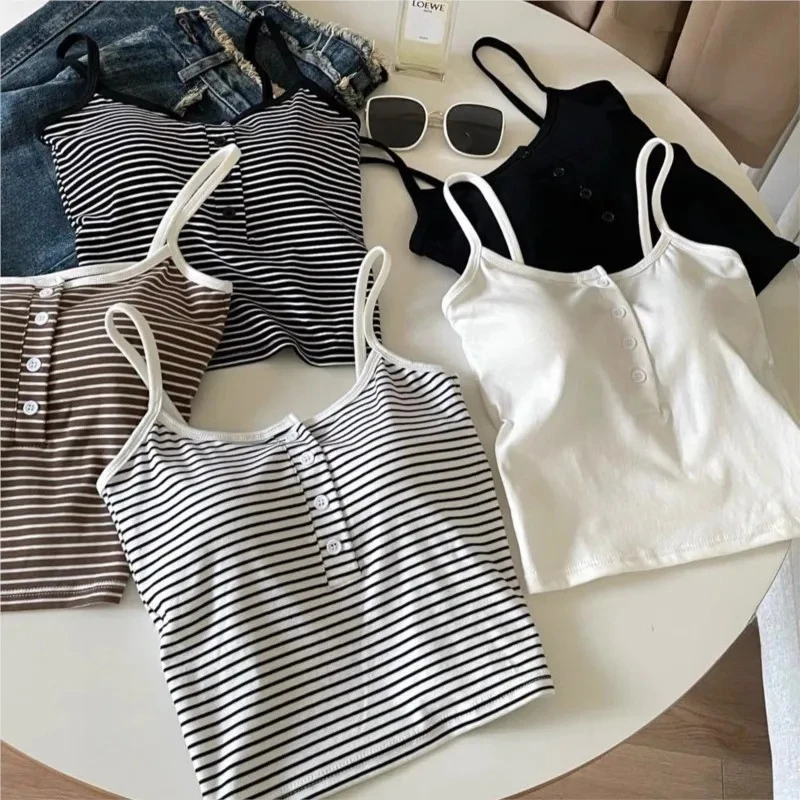 White Stripe Slim Fit Cami Top with Chest Pad