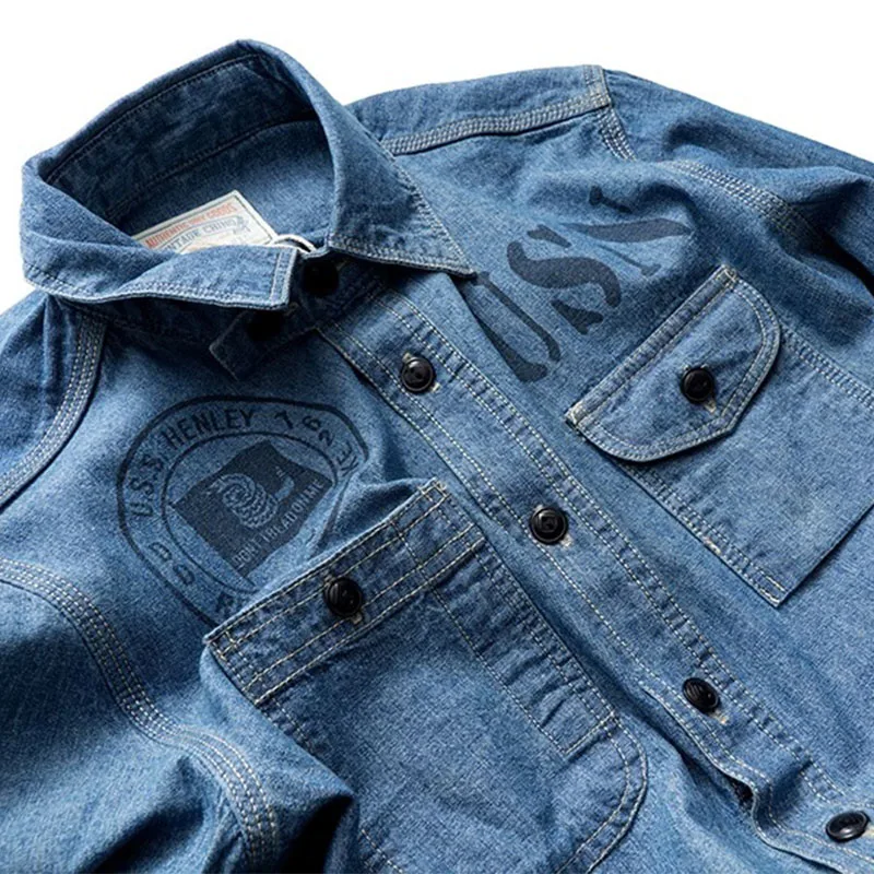 Men's Long Sleeved Denim Shirt Vintage Washed Casual Jeans Shirt Coat Top Male Monroe Printing