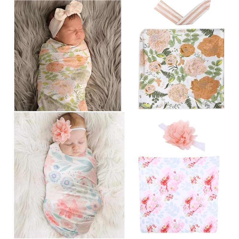 

2 Pcs Newborn Floral Swaddle Wrap+ Headband Set Baby Cotton Receiving Blanket Sleeping Bag Hair Band Baby Bedding Blanket