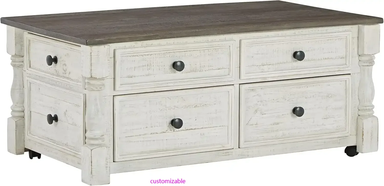 Havalance Farmhouse Lift Top Coffee Table with 4 Storage Drawers and Small Storage Tray, Whitewash
