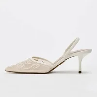 Elegant Mesh Embroidered Flowers Designer Heeled Sandals Women 2025 Summer Sexy Slingback Pointed Toe Thin High Heels Dress Shoe 4