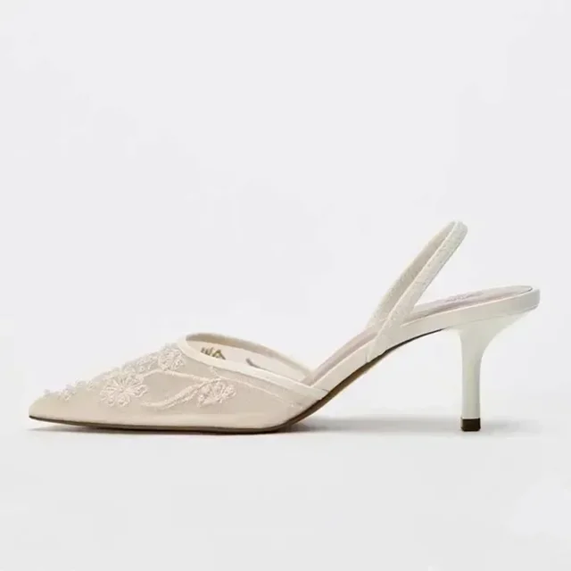 Elegant Mesh Embroidered Flowers Designer Heeled Sandals Women 2025 Summer Sexy Slingback Pointed Toe Thin High Heels Dress Shoe 4