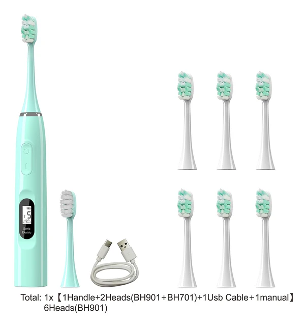 Sfeel 15 Modes LCD Screen Sonic Smart Electric Toothbrush Adult Timer USB Type C Rechargeable IPX7 Waterproof Whitening Green-8 heads