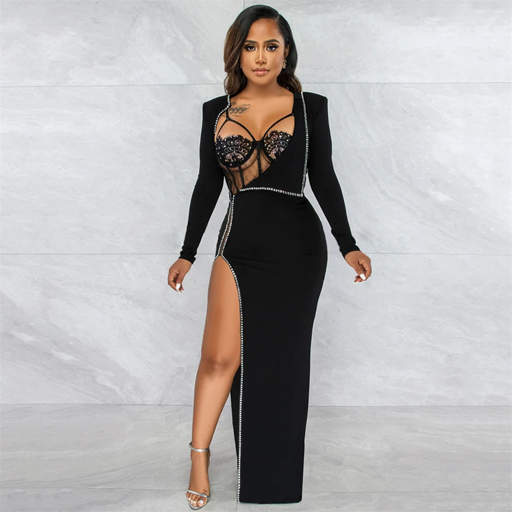 iDress Beautiful Crystal Corset Maxi Dress 2 Pieces Elegant Rhinestone Underwear Lace Bodysuit Long Sleeve Cut Out Slit Gown