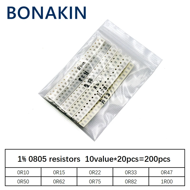 

200PCS 1% 0805 SMD resistors assorted kit set 10value*20pcs=200pcs 1R00 R820 R750 R620 R500 R470 R330 R220 R150 R100