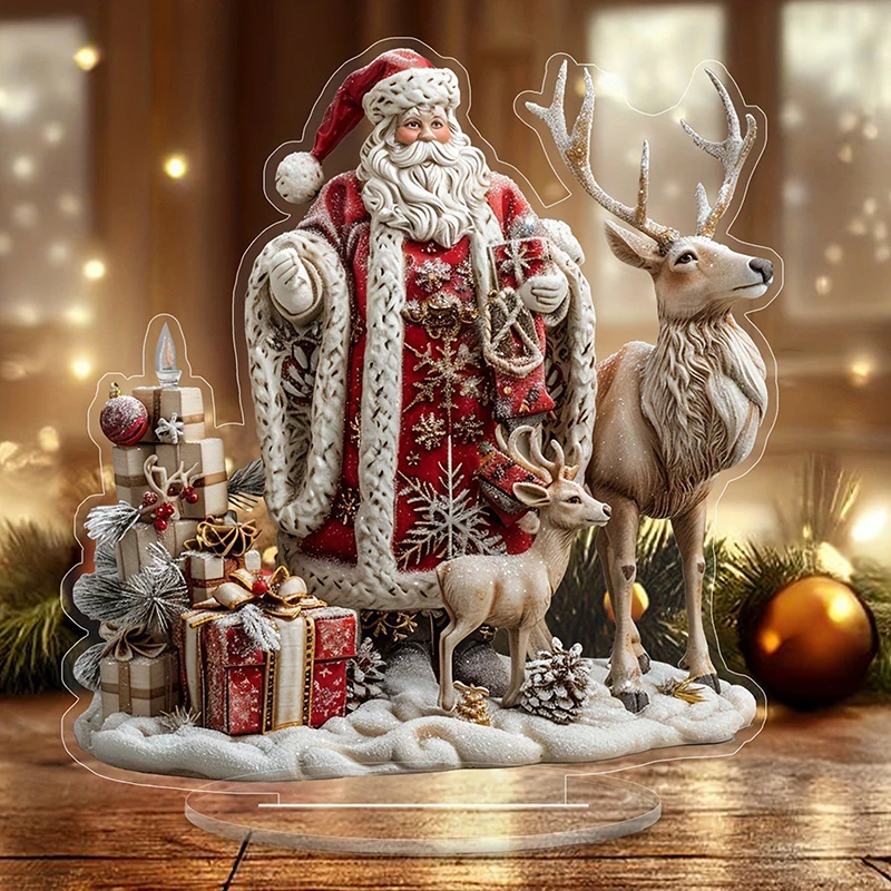 1pcs Christmas Reindeer Sleigh Santa Figurine 2D Acrylic Christmas Santa Claus On Sleigh Decoration Holiday Party Supplies