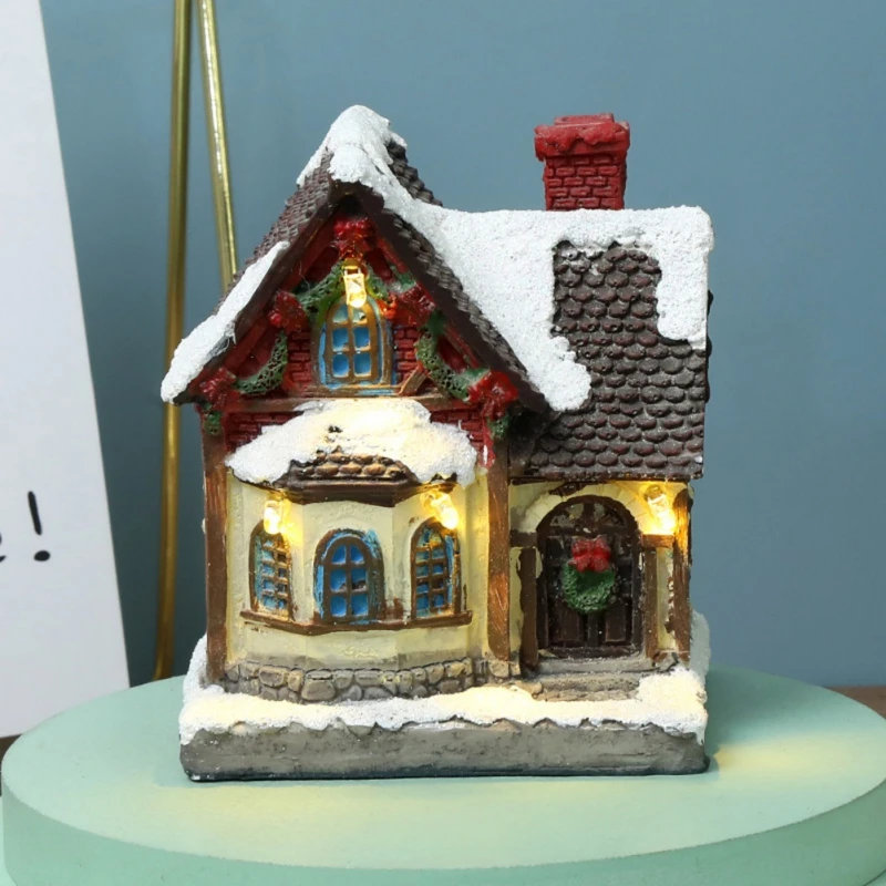 LED Resin House Village Ornaments Figurines Decoration Snow View House Holiday Christmas Glow Ornaments Gifts Party Home Decor