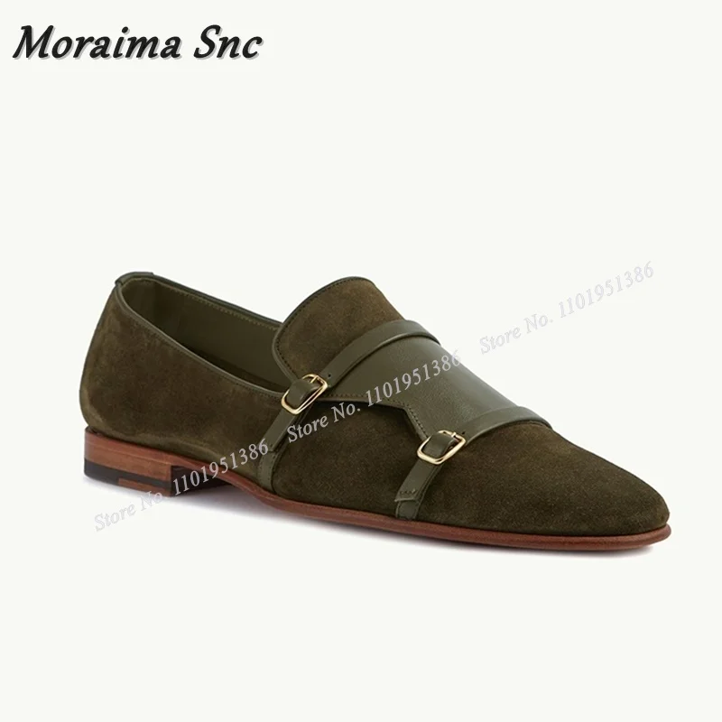 

Moraima Snc Green Suede Men Shoes Buckle Decor Square Heel Handmade Slip on Cover Toe Casual Shoes Shoes Party Shoes Big Size 47