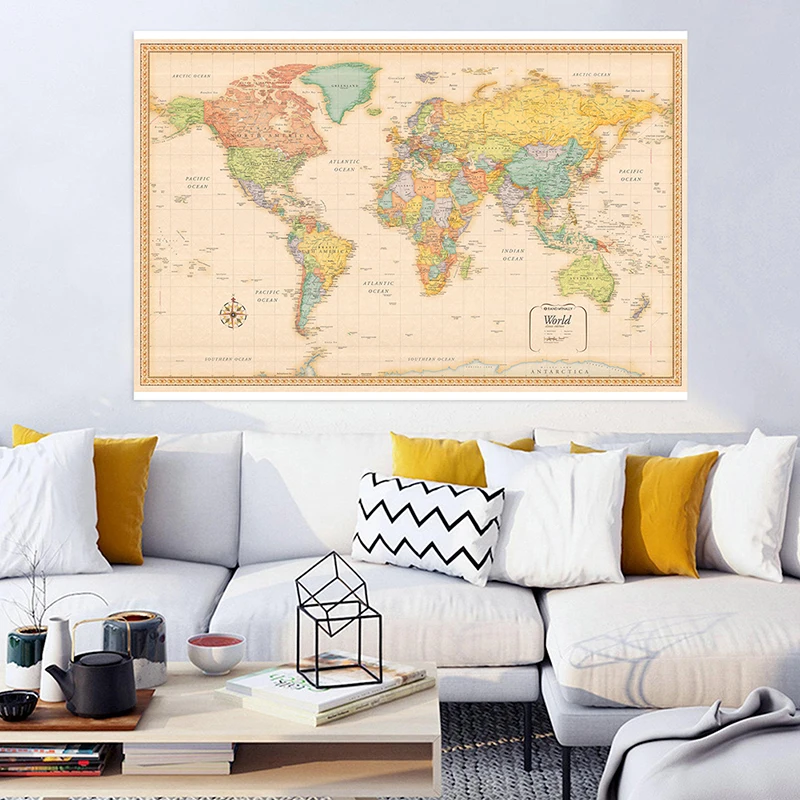 150*90cm The World Political Map Classic Vintage Non-woven Canvas Painting Wall Art Poster for Home Decor School Supplies