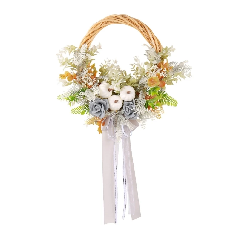 

Autumn Harvest Wreath with Pumpkin for Thanksgiving, Artificial Flower Wreath with Ribbon for Front Door Farmhouses