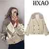 HXAO سترات مصدات الرياح معطف شتوي أنثى كم طويل معطف فرو صناعي مزدوج الصدر زر كبير الحجم سترات منفوخة مقصوصة