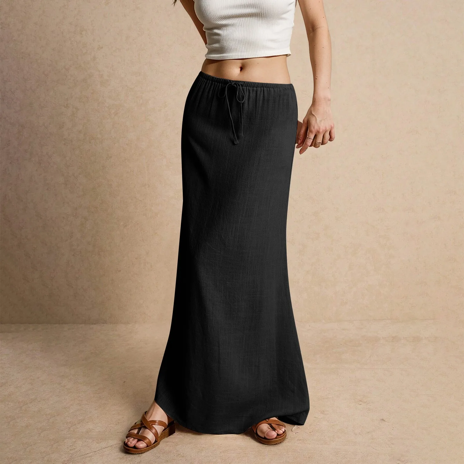 Women's Basic Versatile Drawstring Low Waist A Line Casual Skirts Sexy Tight Solid Color Bodycon Long Maxi Skirts