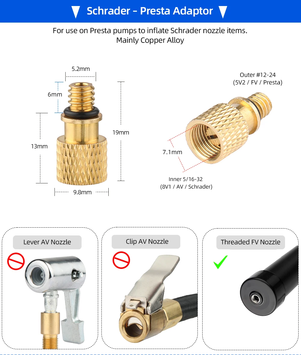 Deemount 2-5 Stück Multi-Typ Aufblasadapter aus Messinglegierung, Schrader auf Presta 12V1, großer Ventiladapter für Baufahrzeugreifen – Detail 7