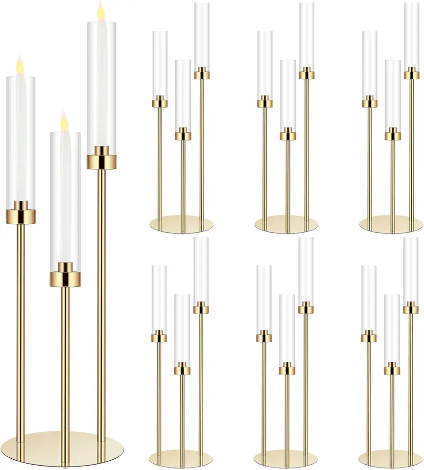 Set 4 Candelabri Trasparenti In Acrilico A 5 Bracci Con 20 Candele LED - Altezze Variabili
