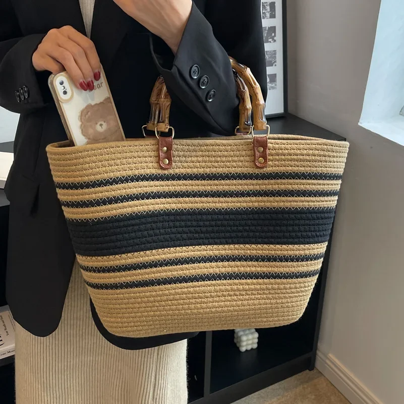 SimpleWovenCanvasToteBagLargeCapacitySpringStyleVersatileUnderarmGrassWeaveHandbagWomen
