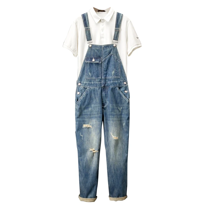 

Men Loose Denim Bib Overalls Holes Ripped Pockets Cargo Jeans Casual Dungarees Working Coveralls Jumpsuits