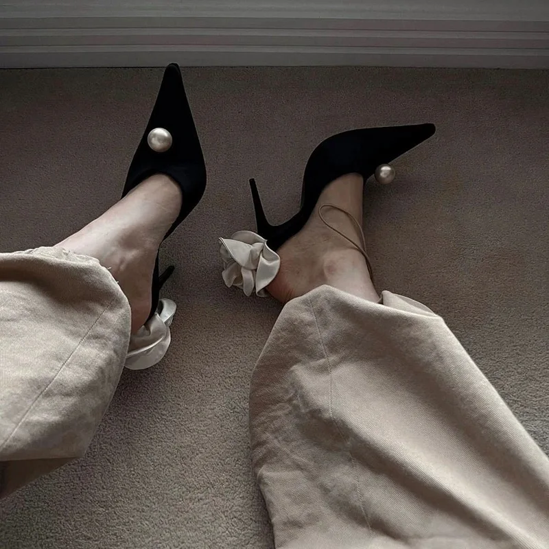 

Spring and Summer New Flower Pearl High-Heeled Black Wedding Shoes Suede High Heel Stilettos Prom Party Heels Gifts for Women