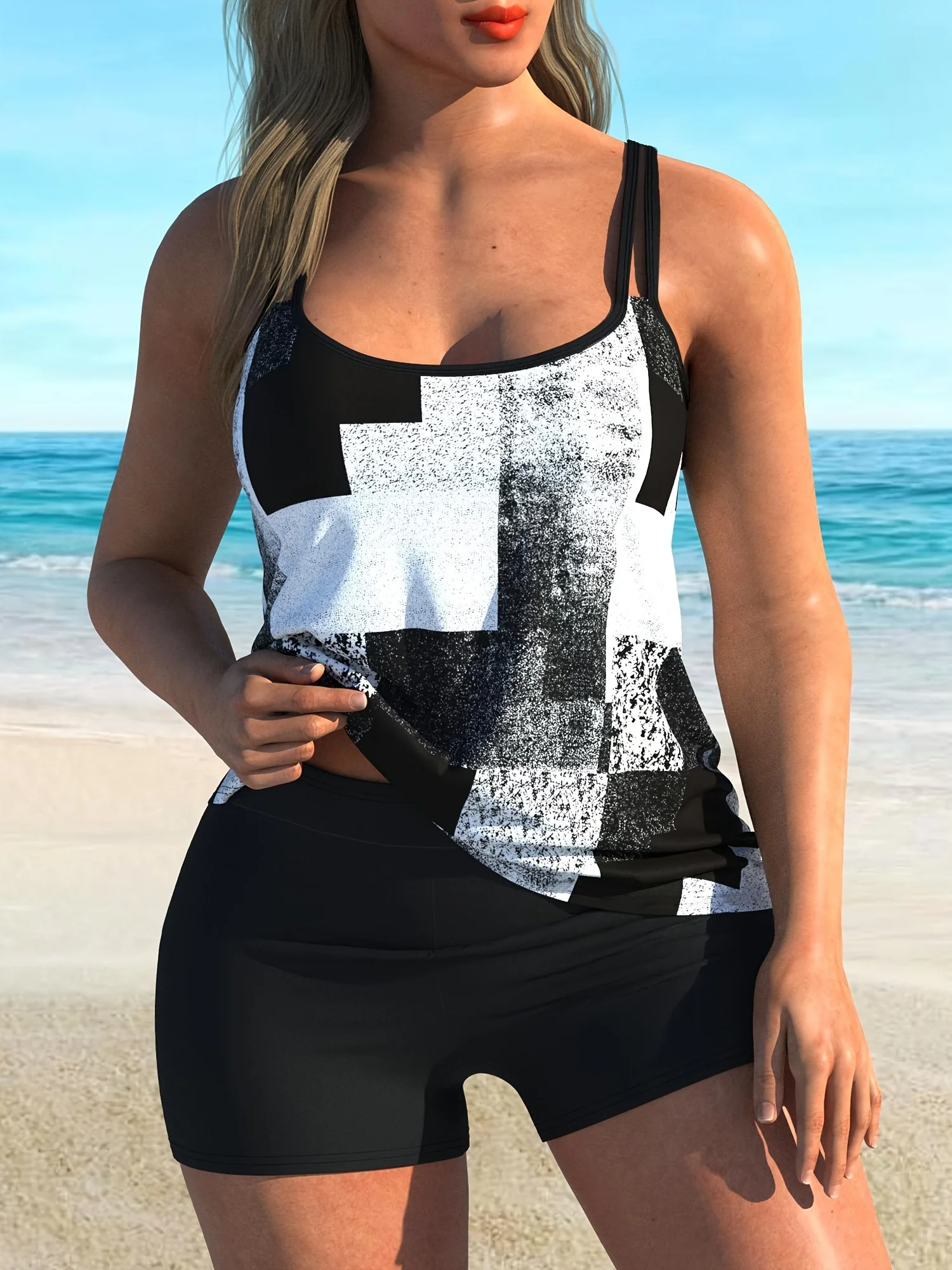 plus-size-geometric-printed-vest-set-women's-plus-size-sexy-and-fashionable-round-neck-vest-shorts-swimsuit-two-piece-set