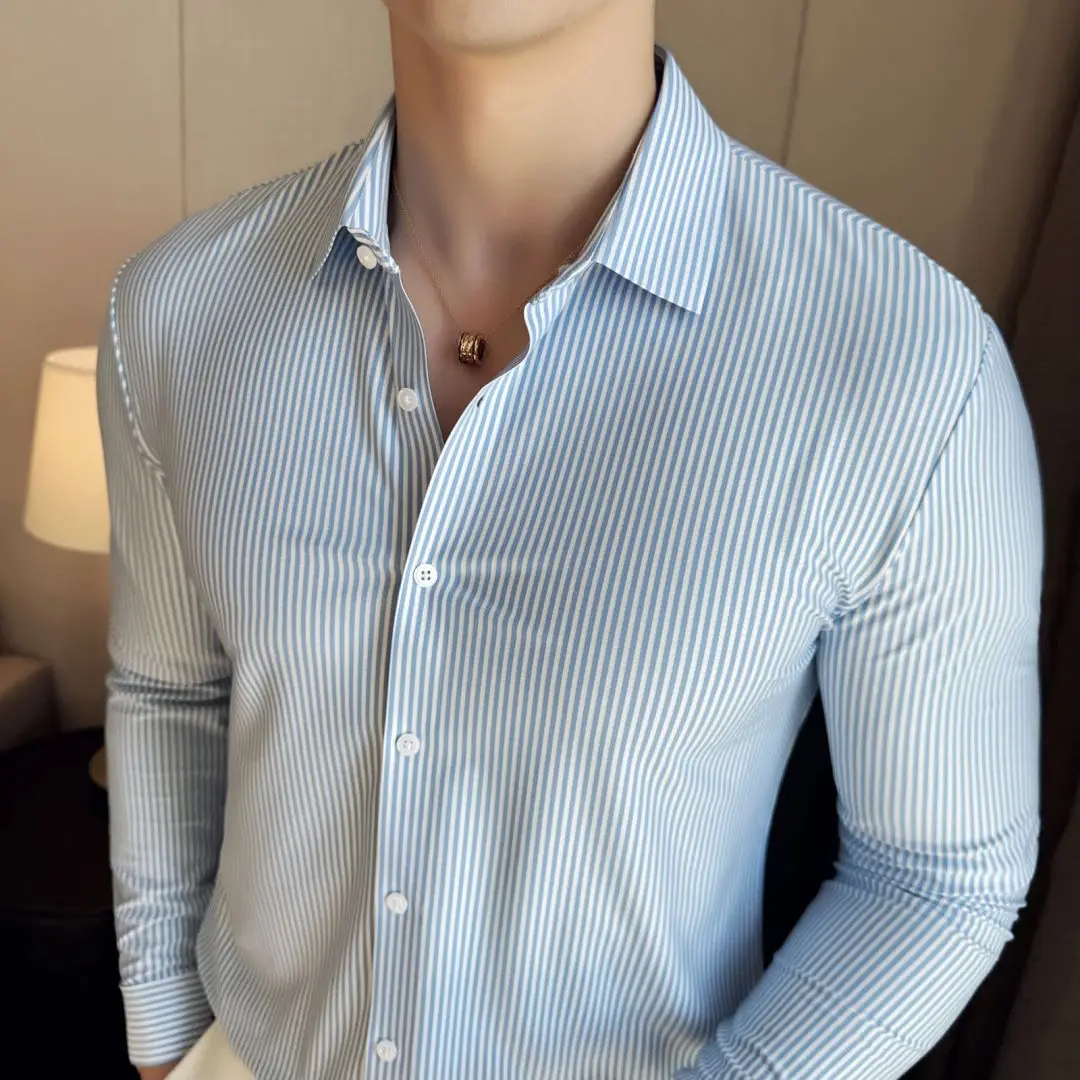 Stretch Formal Shirts for Men Luxury Turn-Down Neck Long Sleeve Social Blouses No Iron Camisa Male Blouse Striped Men Clothing