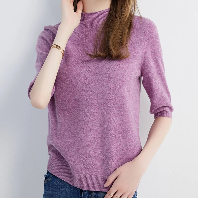 Top Women's Sweater Knitwears Short Sleeve Pullover 100% Wool Half  Turtleneck Sweater for Women 2023 Knit Jumper Female Clothing - AliExpress