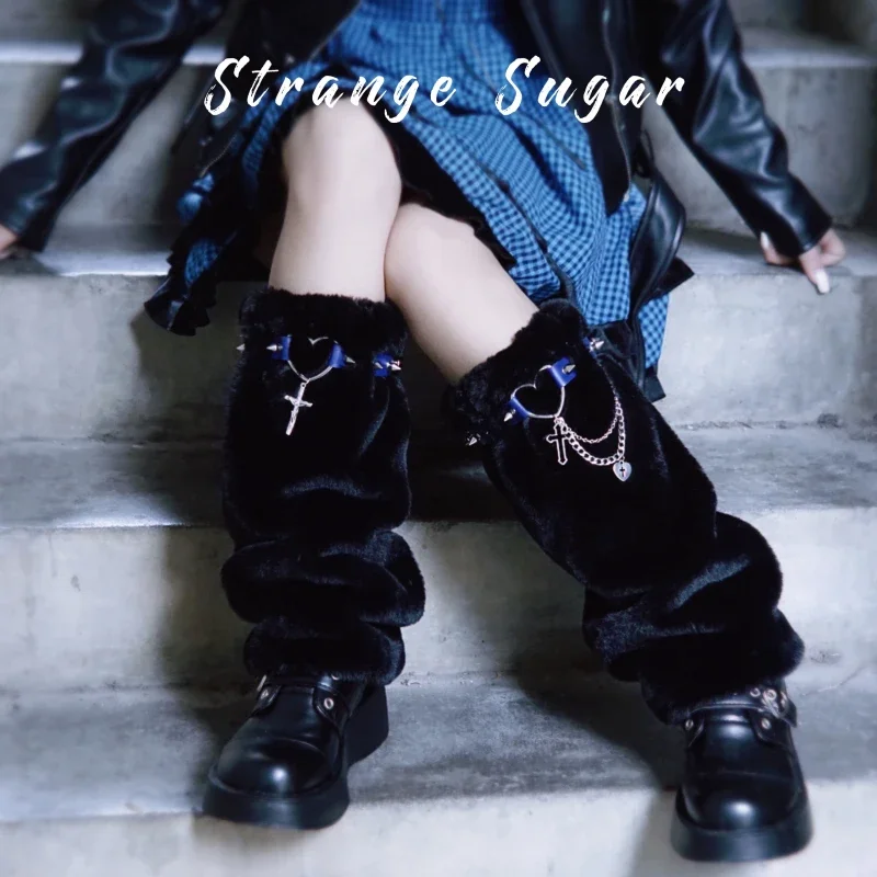 

Ruibbit Gothic Japanese Knee Sleeve Leg Cover Warm Harajuku Punk Handmade Black Chain Furry Leg Warmer Autumn Winter