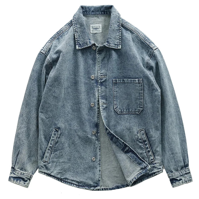

Heavy Workwear Shirt Jacket American Retro Washed Trendy Loose Shoulder Distressed Lapel Denim Coat for Men