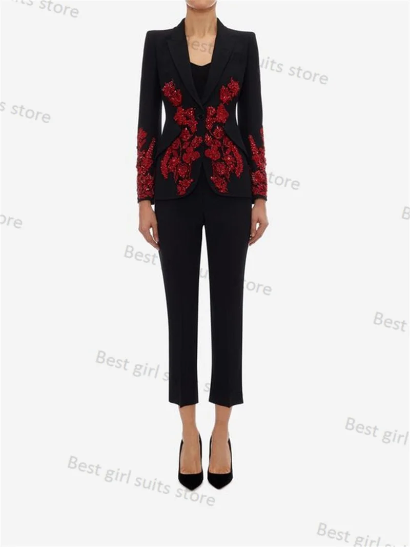 

Red Crystal Wedding Women Pants Suit Set Black 2 Piece Blazer+Trousers Prom Tuxedos Formal Pageant Jacket Trousers Tailored Coat