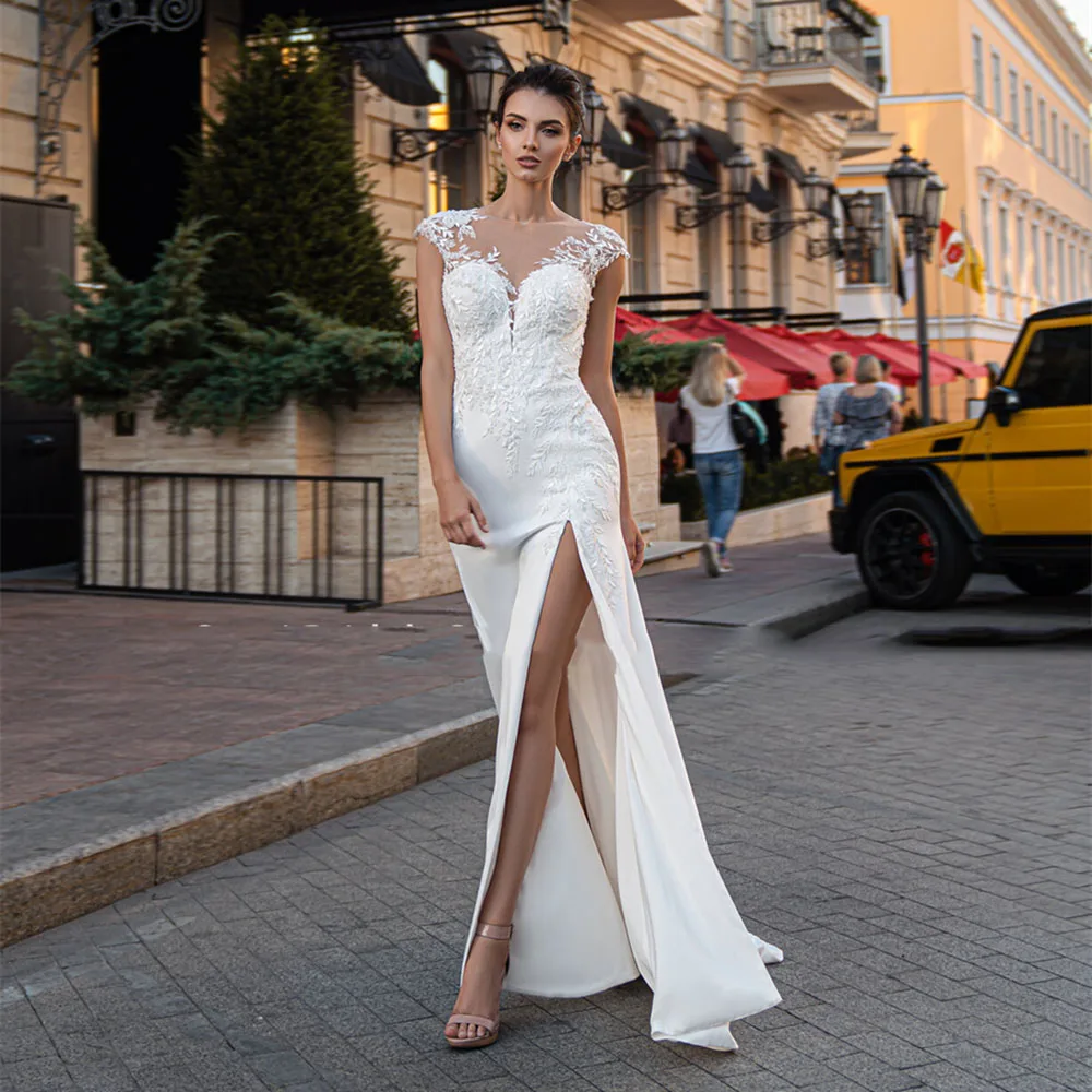 

SoDigne Boho Wdding Dresses 2022 Newest Lace Illusion Tulle Back Beach Sexy Bride Dress Side Split Women Long Wedding Gown