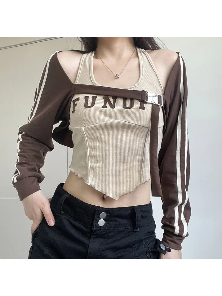 

2024 New Vintage Loose Jacket Two Piece Basic Harajuku Letter Stitched Camis and Button Up Smock Women Autumn Casual Jackets Y2k