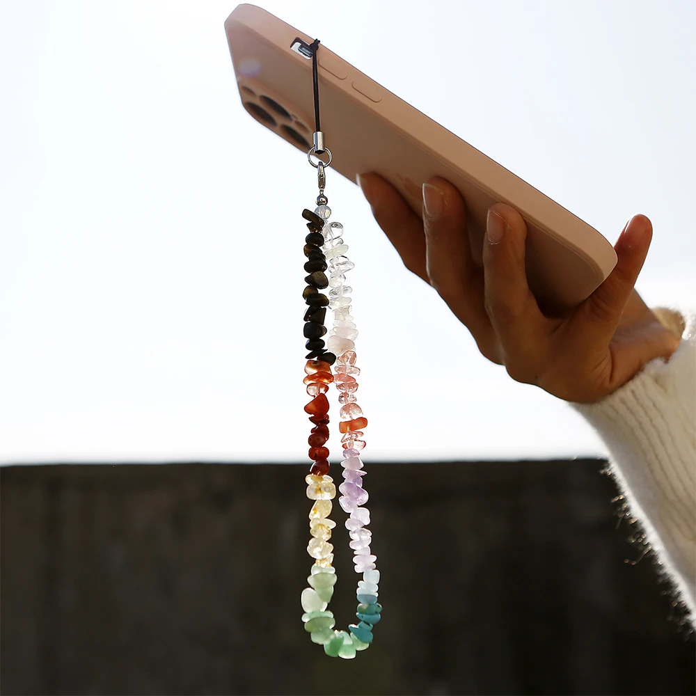 

Mineraali Natural Crushed Stone Mobile Phone Hanging Chain Healing Fluorite Mixed Gravel Quartz for Women Girl Anti-Lost Jewelry