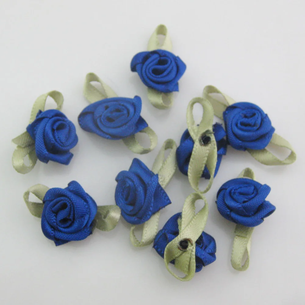 Vibrant Fabric Ribbon Rose Rosettes with Leaf - Set of 50 Flower Embellishments for DIY Crafts & Sewing Supplies
