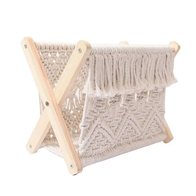 

Country Style Cotton Rope Woven Storage Rack Macrame Magazine Rack Small Boho Books Newspapers Holder Organizer