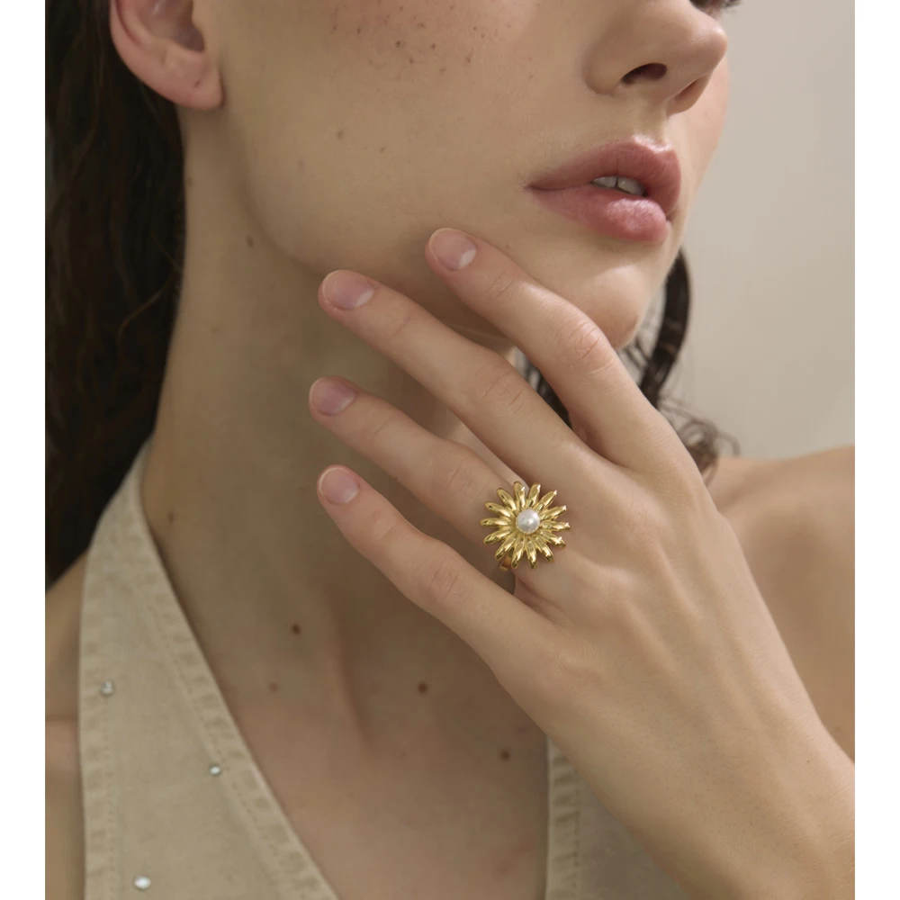 Yhpup Imitation Pearl Sunflower Adjustable Ring Stainless Steel
