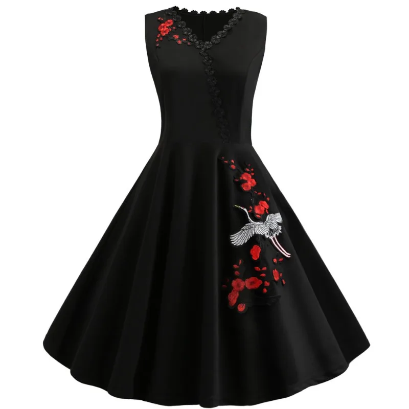 

New Hepburn Vintage Sleeveless Style Patterned Swing Dress Retro V-neck Sexy A-line Gothic Halloween Ball Swing Cocktail Dress