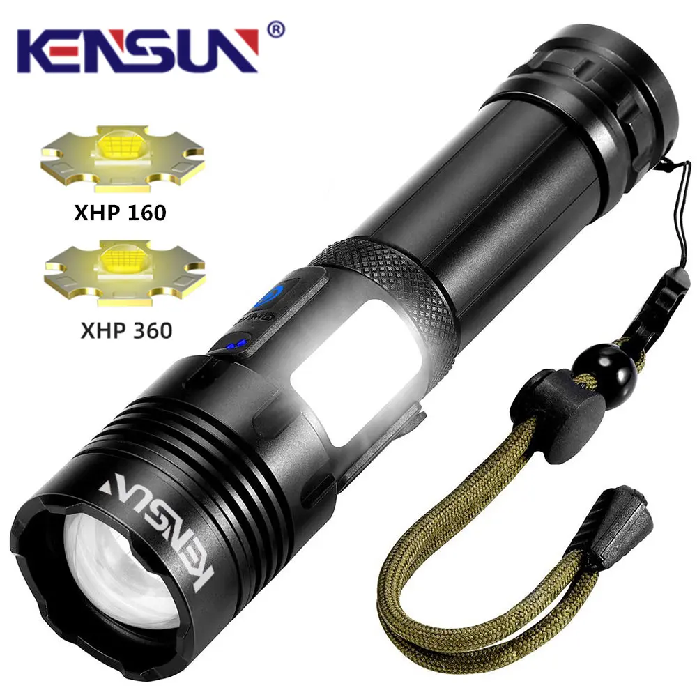 고출력 XHP160/360 + COB 사이드 라이트, 슈퍼 브라이트 손전등, 7 가지 모드, IPX67 방수, 강력한 USB 충전식 토치