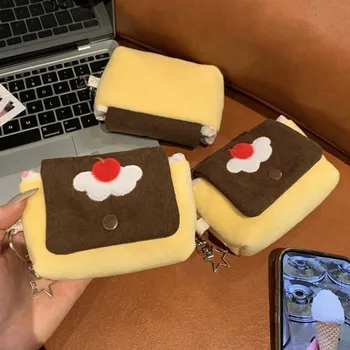 Portamonete Design Pudding di Ciliegie, Mini Pochette in Velluto Morbido con Texture Corduroy, Portafoglio Carino con Ricamo a Torta e Chiusura a Bottone a Pressione