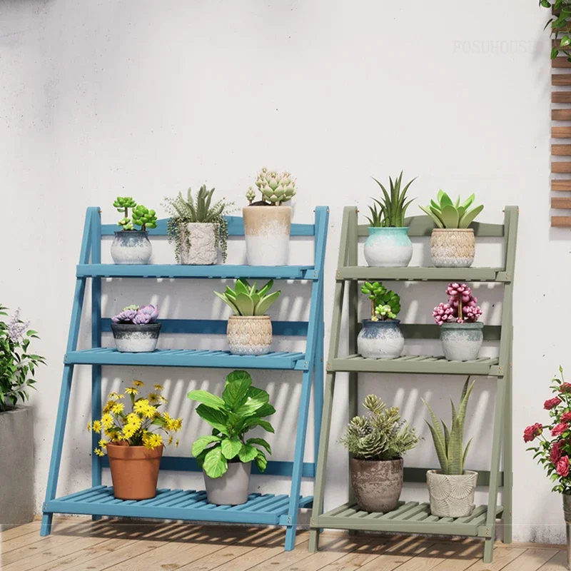 High-end Multi-functional Plant Stand for Balcony Modern Wooden Drain Flowerpot Holder Multi-layer Folding Shelf for Terrace